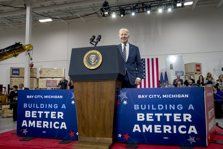 President Joe Biden campaigns in Bay City, Michigan ahead of the 2022 midterm elections. The state's Democrats are hoping to move the Michigan presidential primary to the front of the 2024 calendar.