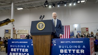 President Joe Biden campaigns in Bay City, Michigan ahead of the 2022 midterm elections. The state's Democrats are hoping to move the Michigan presidential primary to the front of the 2024 calendar.
