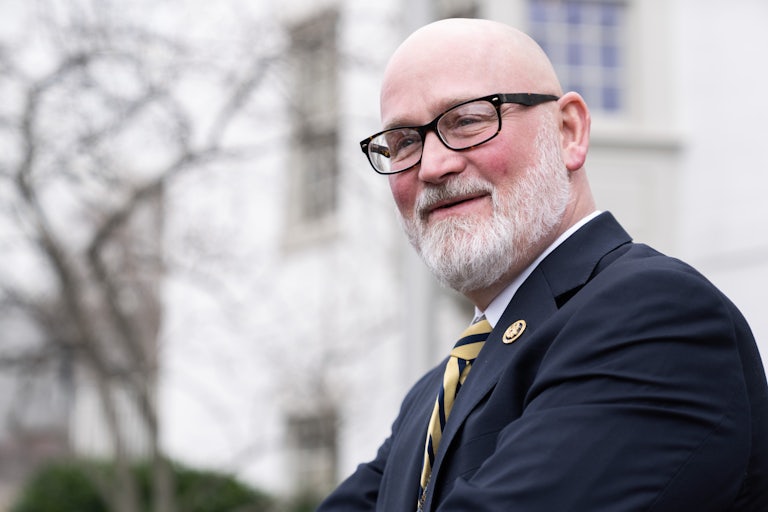 Representative Derrick Van Orden addresses reporters outside the Capitol Hill Club