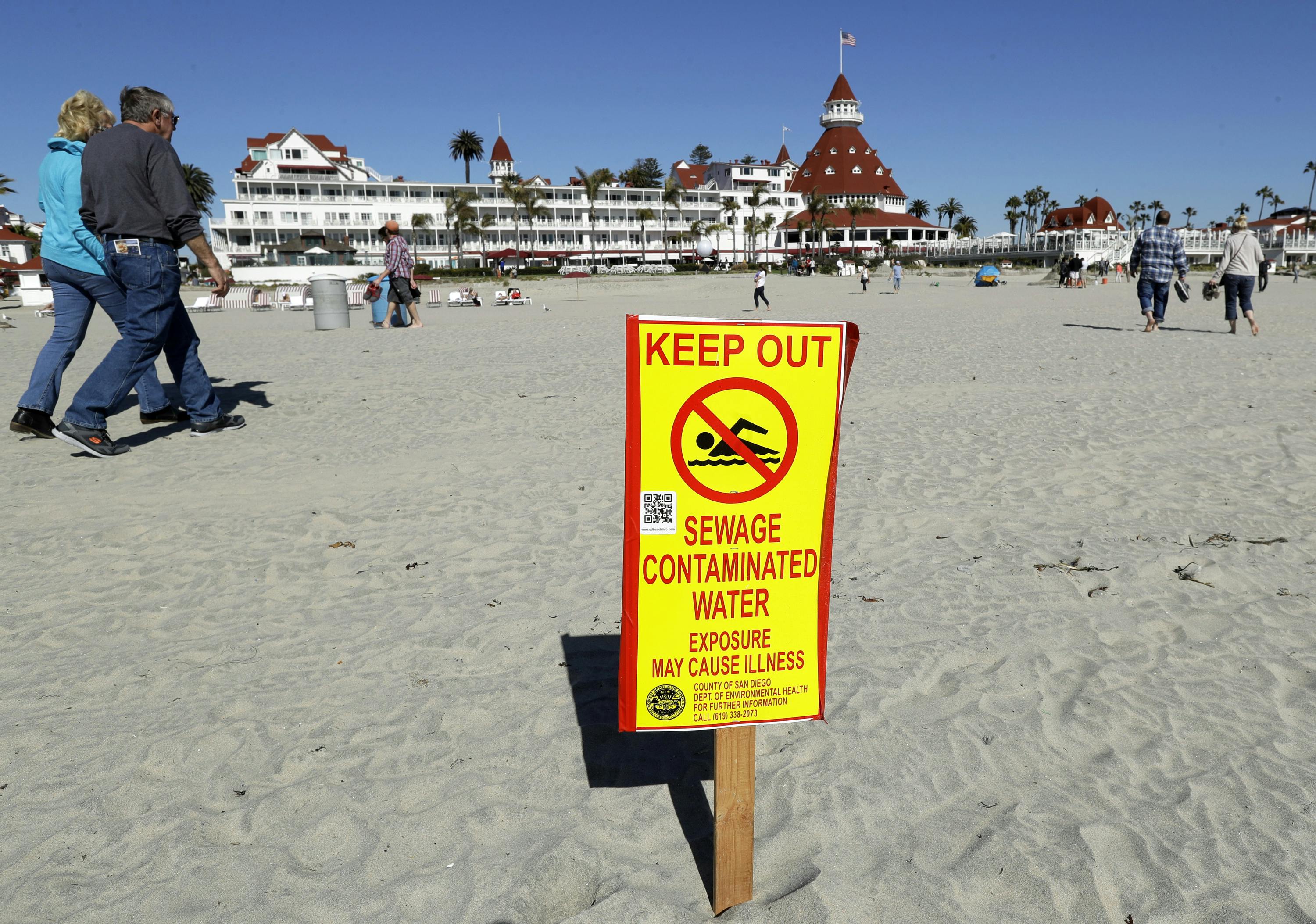 A photograph of a sign in front of the iconic Hotel del Coronado in Coronado, California, warns of contaminated ocean water.