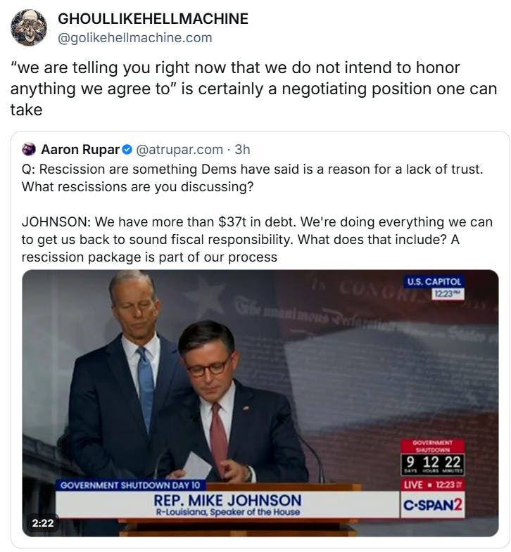 bluesky post: “we are telling you right now that we do not intend to honor anything we agree to” is certainly a negotiating position one can take