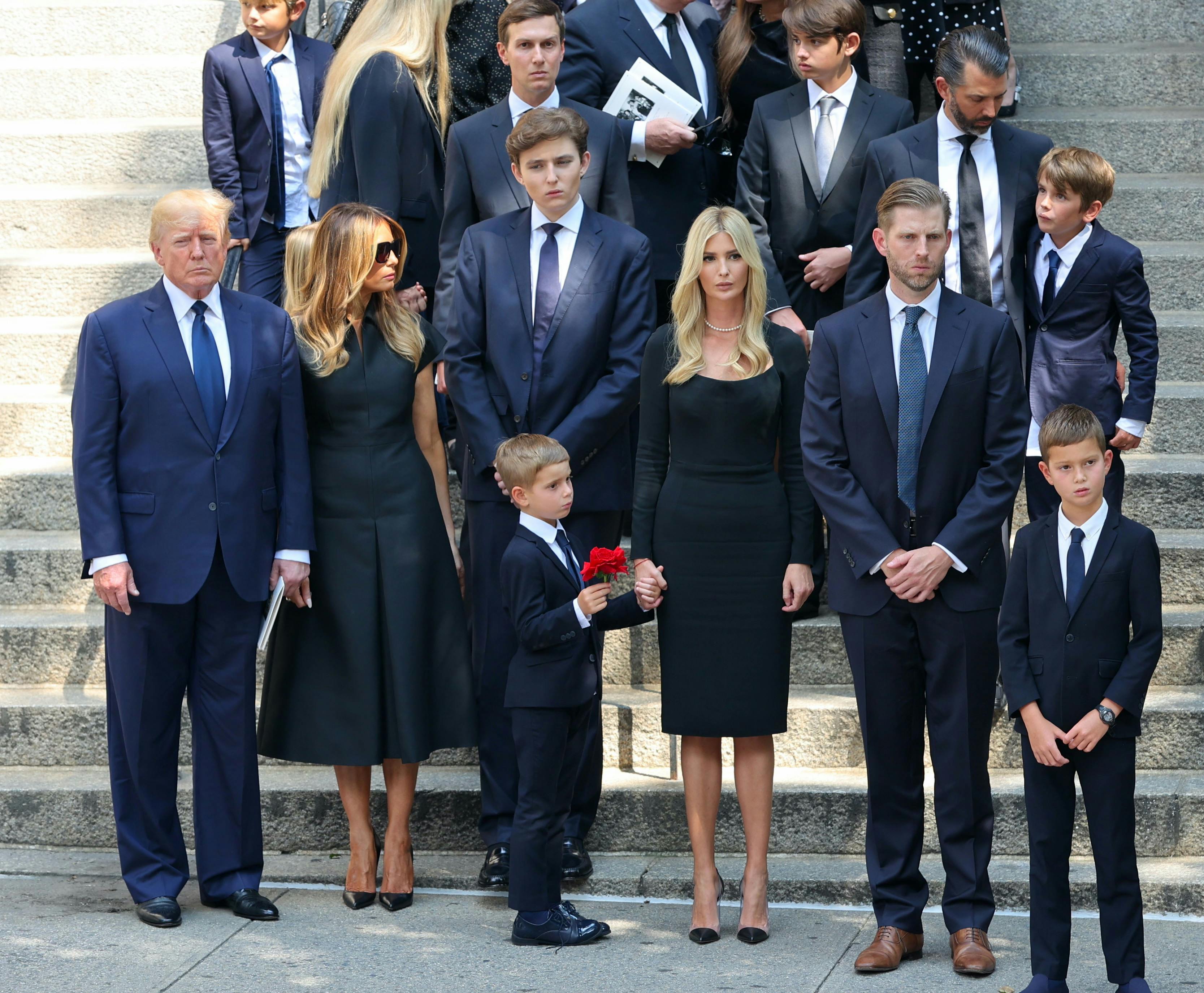 Donald Trump, Melania Trump, Barron Trump, Jared Kushner, Ivanka Trump, Donald Trump Jr. and Eric Trump are seen at the funeral of Ivana Trump on July 20, 2022 in New York City. 