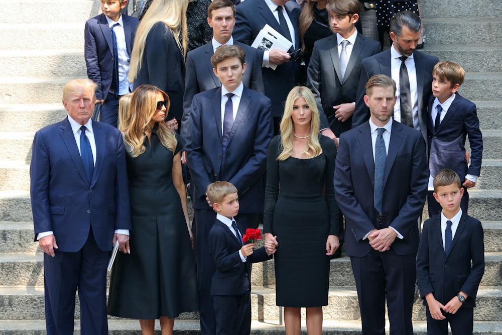 Donald Trump, Melania Trump, Barron Trump, Jared Kushner, Ivanka Trump, Donald Trump Jr. and Eric Trump are seen at the funeral of Ivana Trump on July 20, 2022 in New York City.
