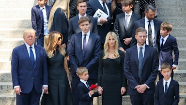 Donald Trump, Melania Trump, Barron Trump, Jared Kushner, Ivanka Trump, Donald Trump Jr. and Eric Trump are seen at the funeral of Ivana Trump on July 20, 2022 in New York City.