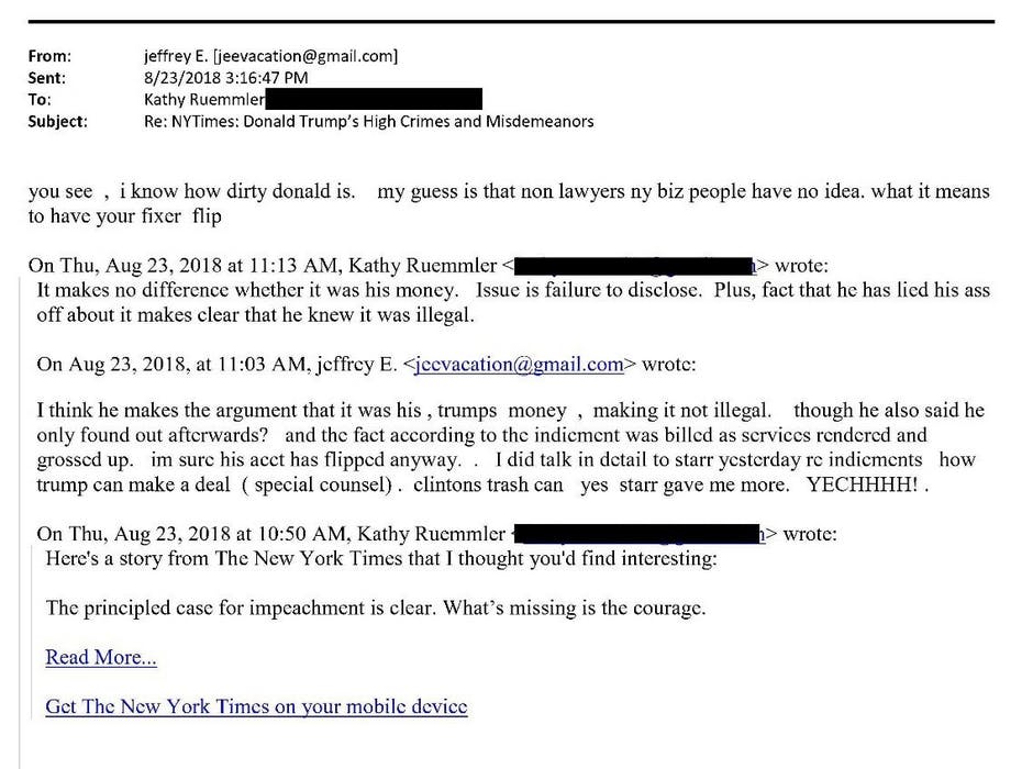 Screenshot of Ruemmler and Epstein email exchange