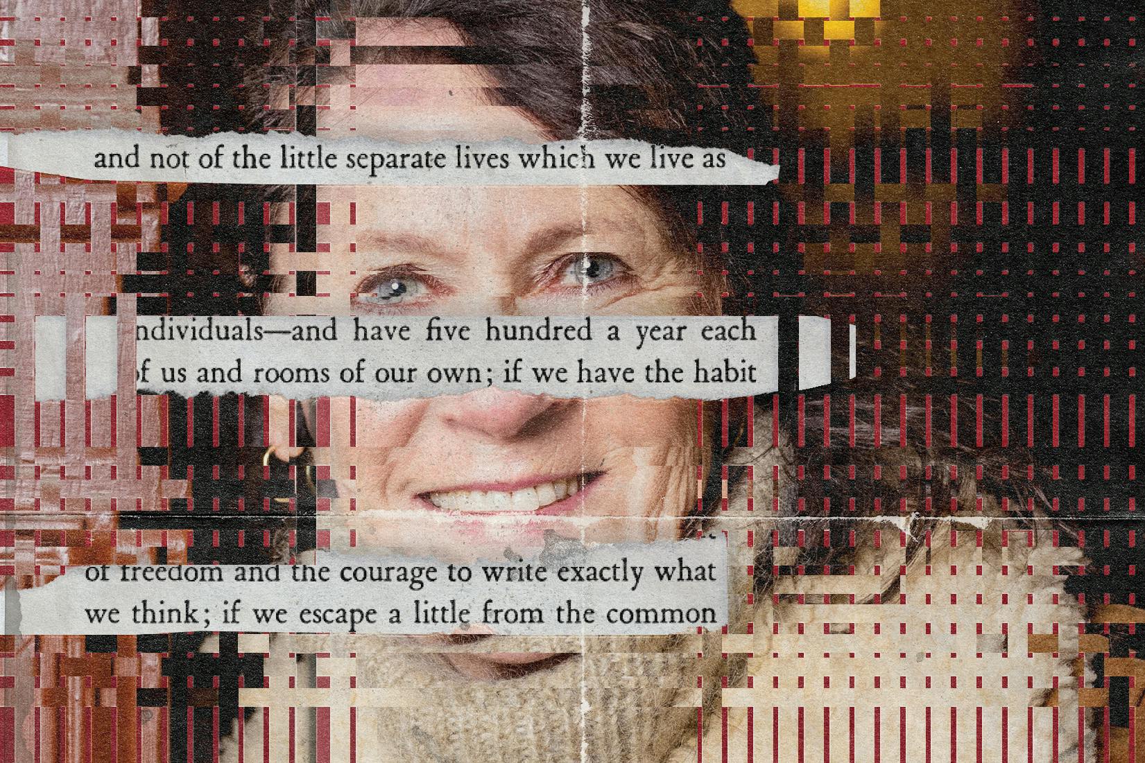Photo illustration of Vigdis Hjorth in a collage layered with excerpts from A Room of One’s Own by Virginia Woolf