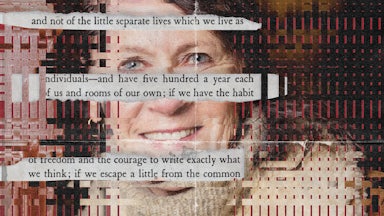 Photo illustration of Vigdis Hjorth in a collage layered with excerpts from A Room of One’s Own by Virginia Woolf