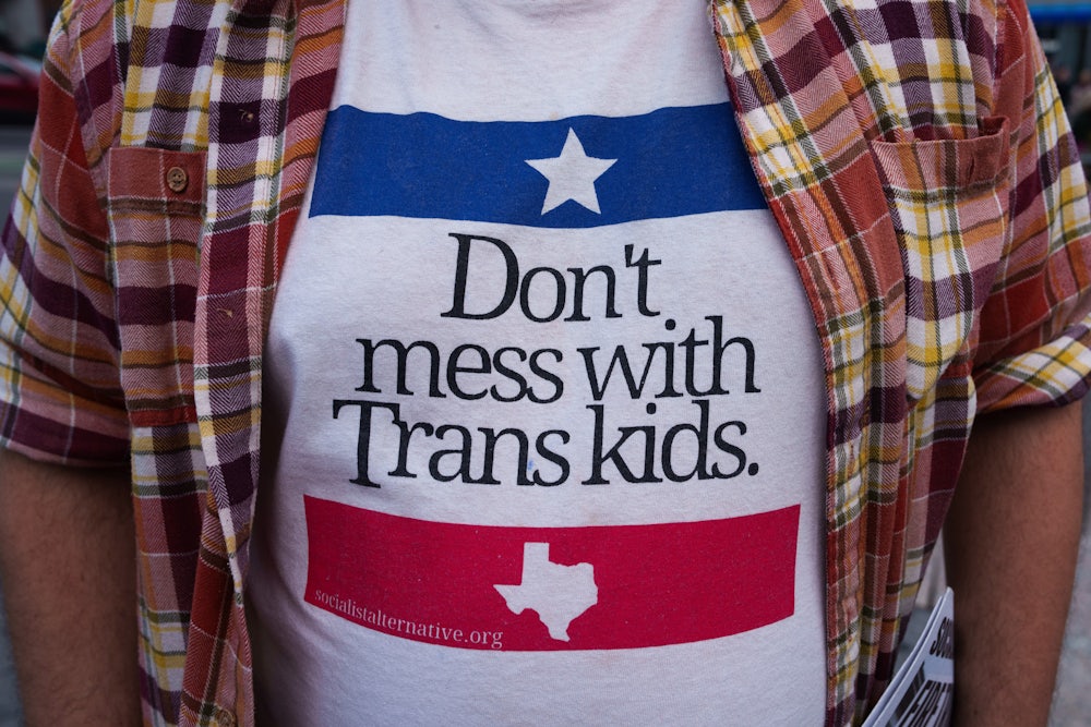 On March 31, a demonstrator at a “Trans Day of Visibility” rally in New York wore a short that read “Don’t mess with Trans kids.”