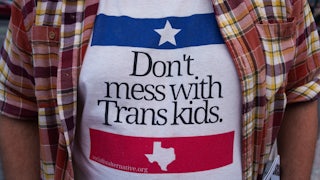 On March 31, a demonstrator at a “Trans Day of Visibility” rally in New York wore a short that read “Don’t mess with Trans kids.”