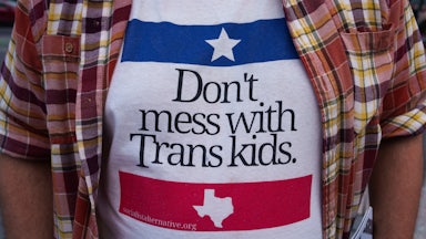 On March 31, a demonstrator at a “Trans Day of Visibility” rally in New York wore a short that read “Don’t mess with Trans kids.”