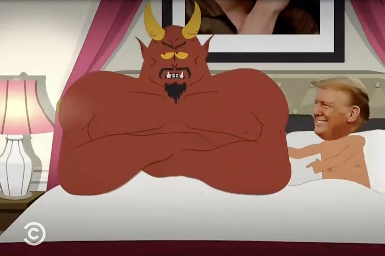 A small cartoon Donald Trump smiles and reaches toward a very large, muscular Satan in bed. Satan has his arms crossed, clearly mad at Trump.