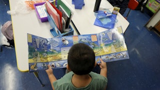 A student looks at learning material featuring sharks.