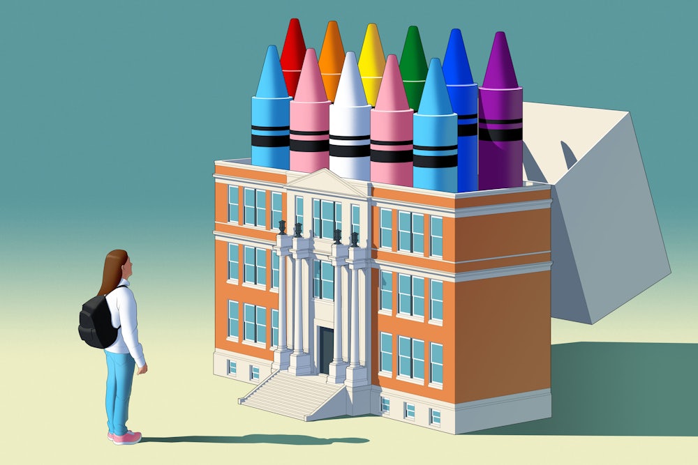 A student gazes at a school building, which is shaped like a box of crayons which contain an assortment different colored crayons. The colors represent the colors of the LGBTQ flag, symbolizing the wins a few school boards have been getting on LGBTQ issues.