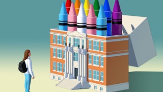 A student gazes at a school building, which is shaped like a box of crayons which contain an assortment different colored crayons. The colors represent the colors of the LGBTQ flag, symbolizing the wins a few school boards have been getting on LGBTQ issues.