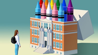 A student gazes at a school building, which is shaped like a box of crayons which contain an assortment different colored crayons. The colors represent the colors of the LGBTQ flag, symbolizing the wins a few school boards have been getting on LGBTQ issues.