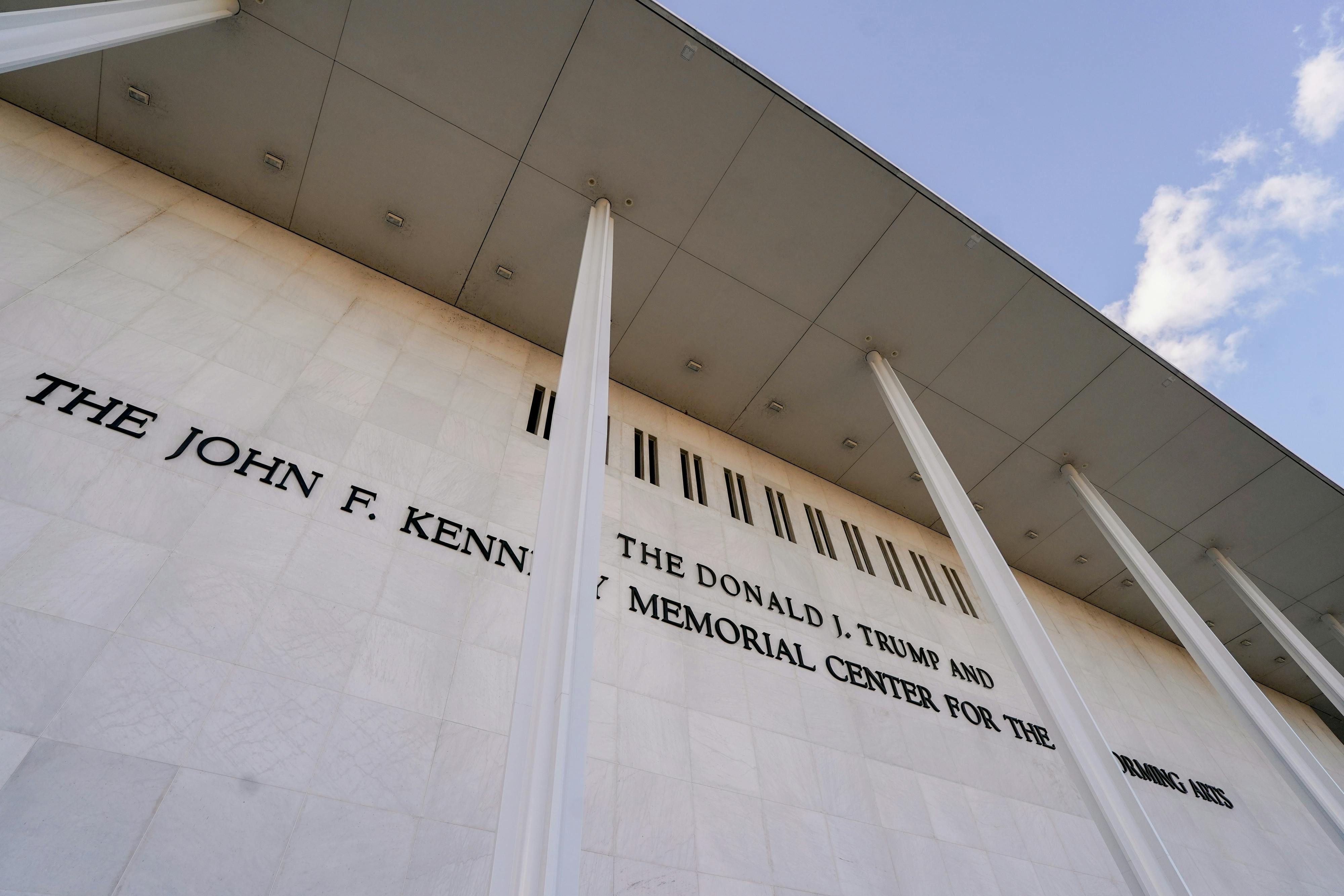 A new sign reads “The Donald Trump And The John F. Kennedy Center for the Performing Arts” at the Kennedy Center in Washington, D.C.