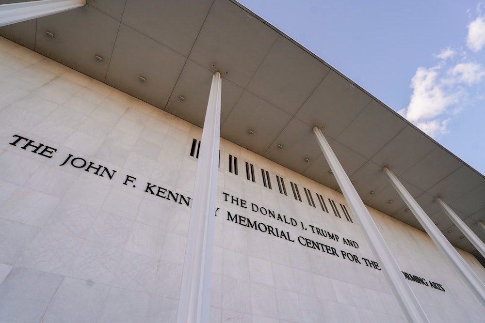 A new sign reads “The Donald Trump And The John F. Kennedy Center for the Performing Arts” at the Kennedy Center in Washington, D.C.