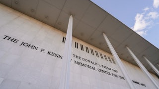 A new sign reads “The Donald Trump And The John F. Kennedy Center for the Performing Arts” at the Kennedy Center in Washington, D.C.