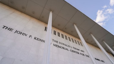 A new sign reads “The Donald Trump And The John F. Kennedy Center for the Performing Arts” at the Kennedy Center in Washington, D.C.