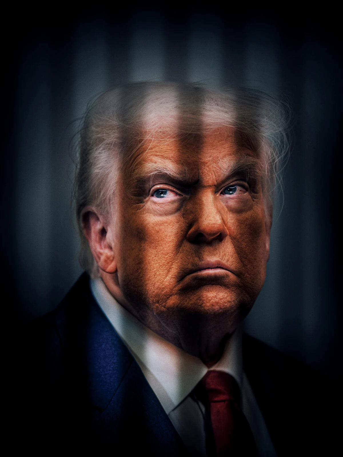 A color illustration of President Trump behind bars