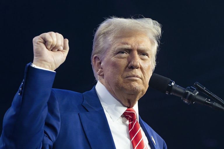 Donald Trump holds up a clenched fist as if in victory
