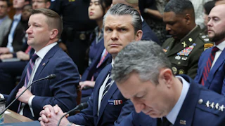 Assistant Defense Secretary Jules Hurst, Defense Secretary Pete Hegseth, and Chairman of the Joint Chiefs of Staff Dan Caine sit in a House committee hearing