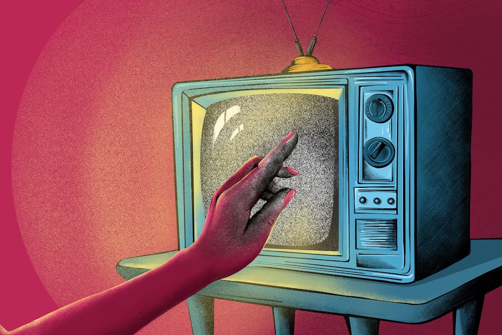 An illustration of a hand touching a tv screen