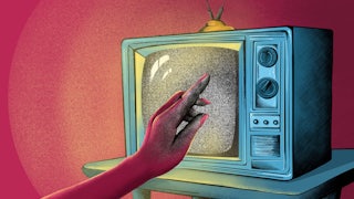 An illustration of a hand touching a tv screen