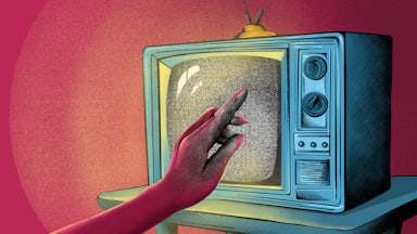 An illustration of a hand touching a tv screen