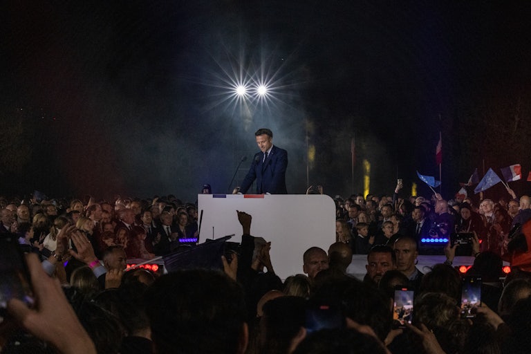 Emmanuel Macron celebrates his election victory over Marine Le Pen at the Champ du Mars in Paris.