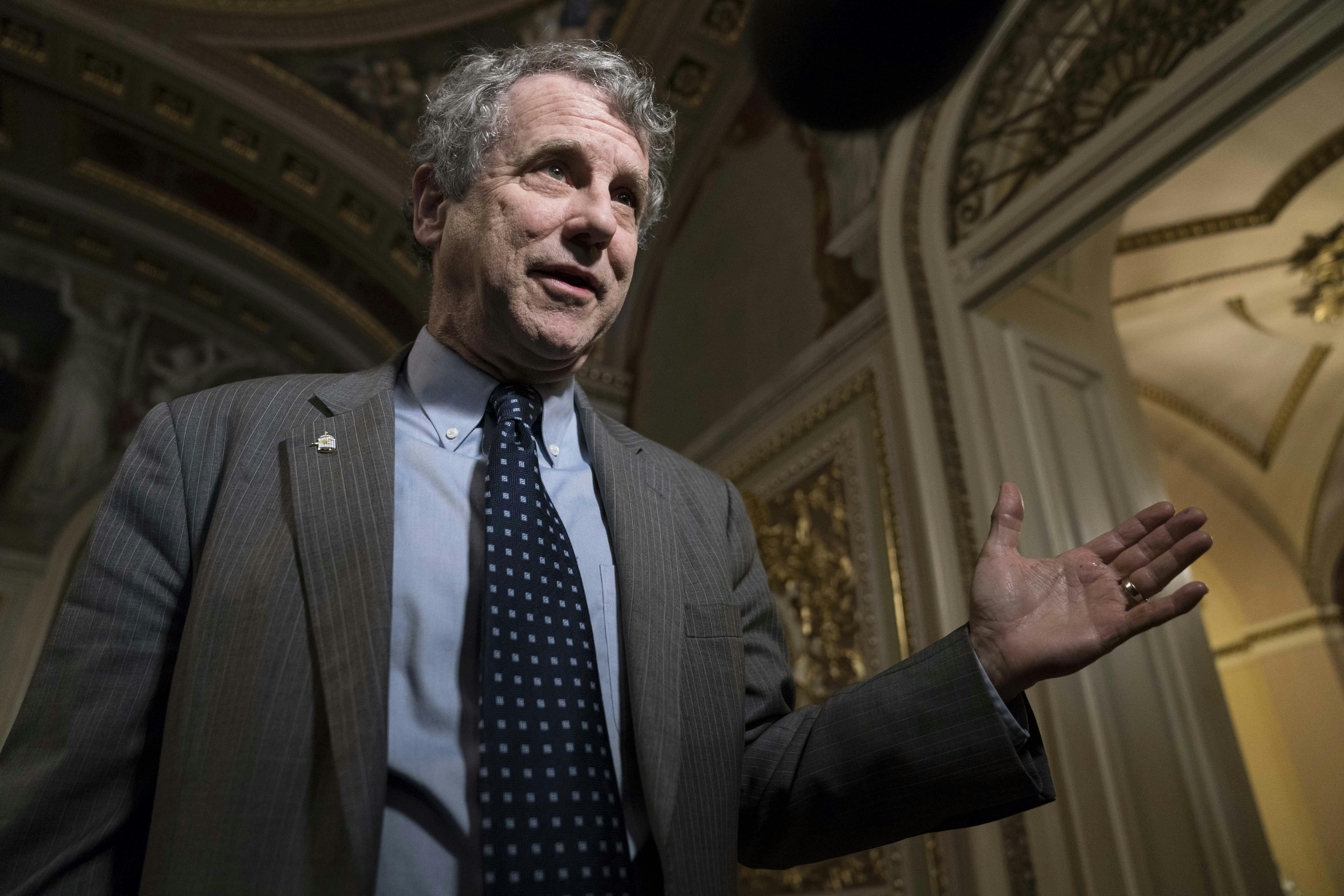 Ohion Senator Sherrod Brown speaks to reporters on Capitol Hill.