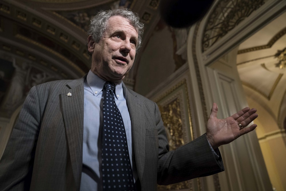 Ohion Senator Sherrod Brown speaks to reporters on Capitol Hill.
