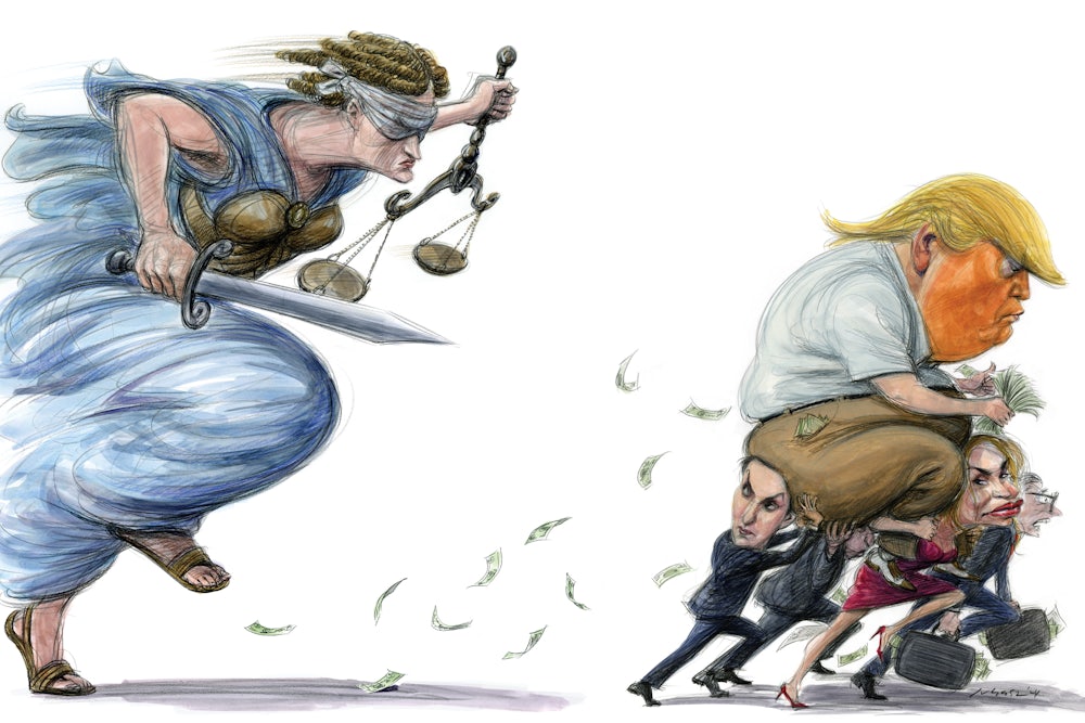 Justice pursuing Trump who is counting money