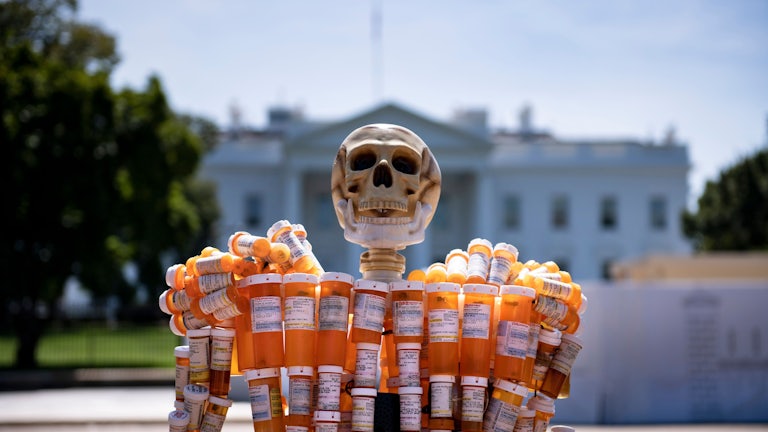 Pill Man, a skeleton made from oxycontin and methadone prescription bottles