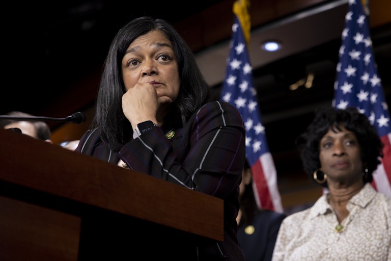 Representative Pramila Jayapal speaks at a press conference