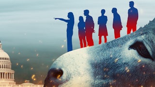 An illustration of people standing on the snout of a donkey