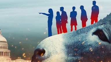 An illustration of people standing on the snout of a donkey