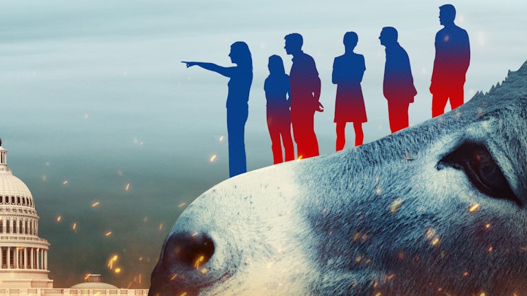 An illustration of people standing on the snout of a donkey