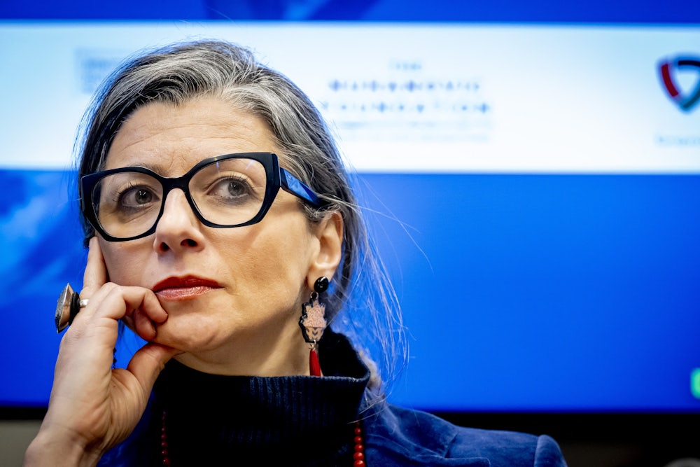 Francesca Albanese, the UN Special Rapporteur for the occupied Palestinian territories, at a talk at The Hague Humanity Hub on February 12.