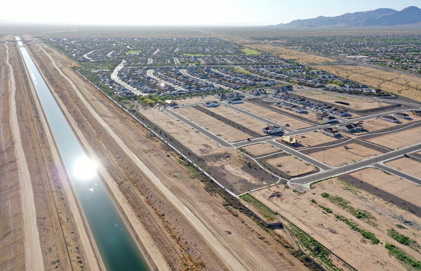 An aeriel photo over the town of Buckeye, a fast-growing municipality west of Phoenix, showing the land area that was purchased a single acre of land in the basin for $80 million, which will entitle it to nearly 6,000 acre-feet of water per year—enough to more than double its current population of 125,000.