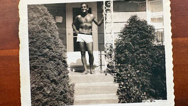 A photograph of Tom Junod’s father, Lou, on the steps of their home in Wantagh, New York, in the early 1960s. Lou wanted this photograph to be shown at his funeral, so mourners would remember him in his “prime".