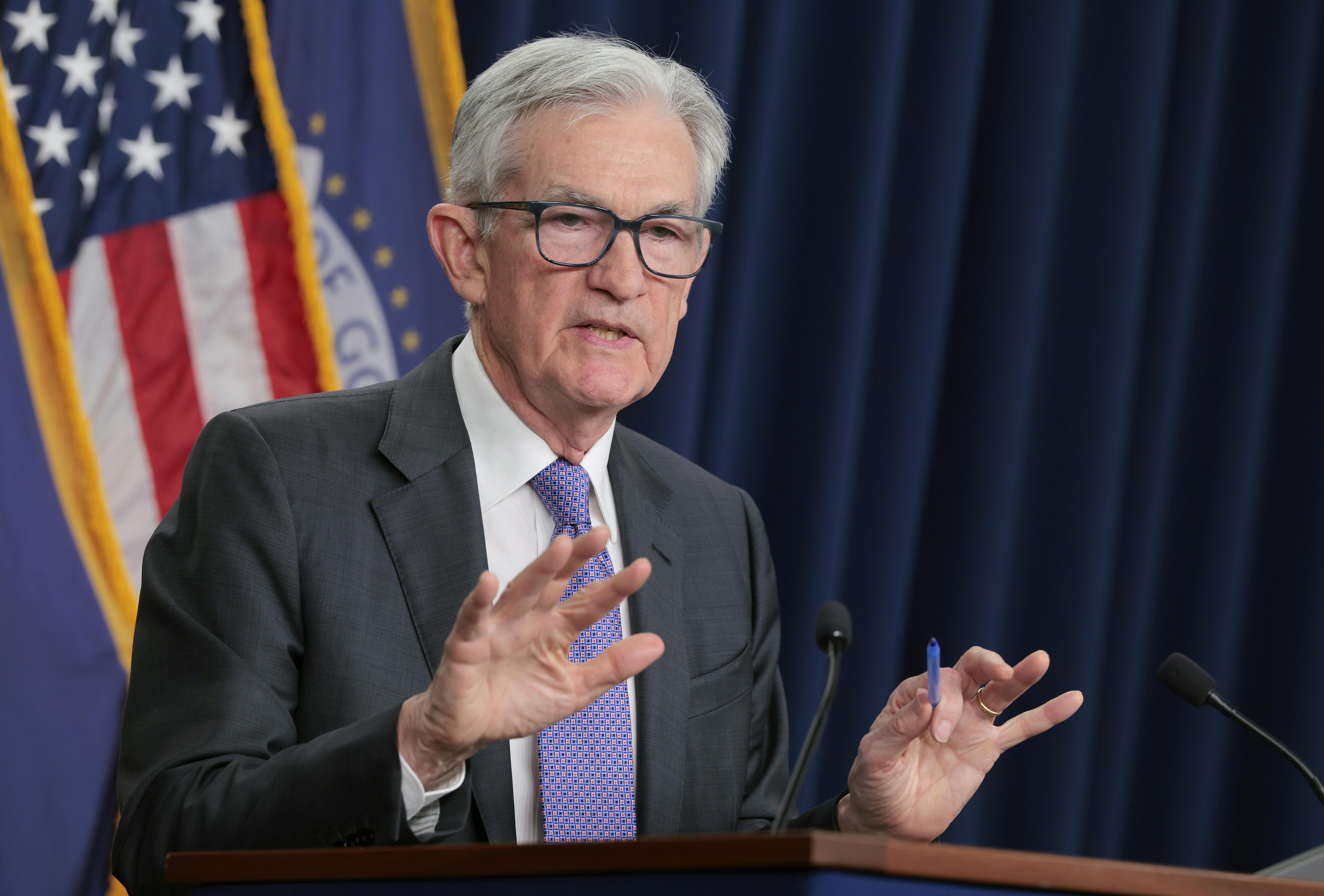 Federal Reserve Chair Jerome Powell speaks at a podium