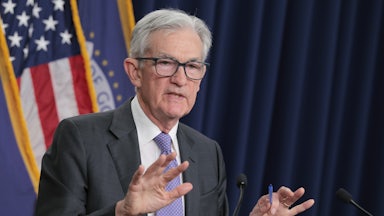 Federal Reserve Chair Jerome Powell speaks at a podium