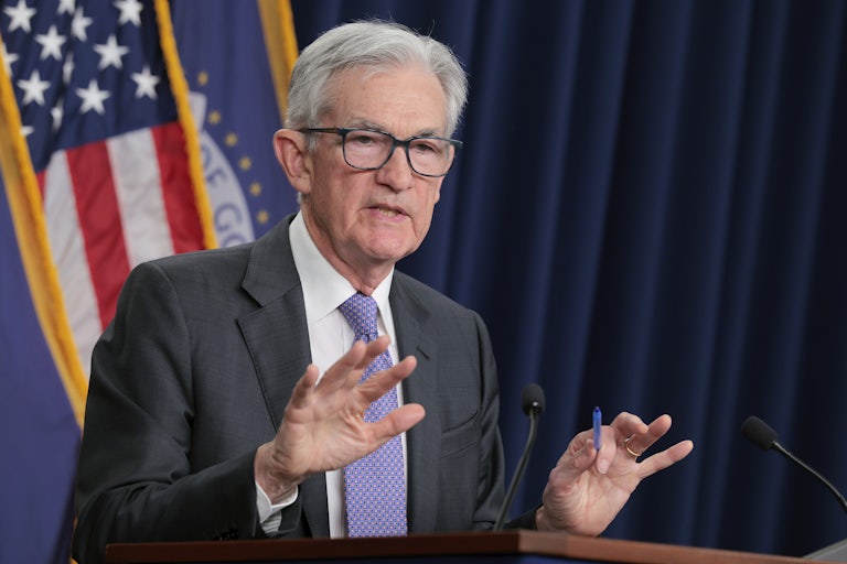 Federal Reserve Chair Jerome Powell speaks at a podium