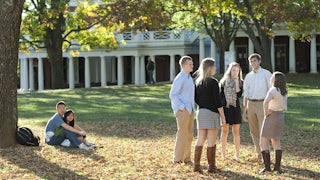 Students gather on The Lawn at the University of Virginia. The commonwealth’s flagship university only began enrolling women at its main campus in Charlottesville in 1970.