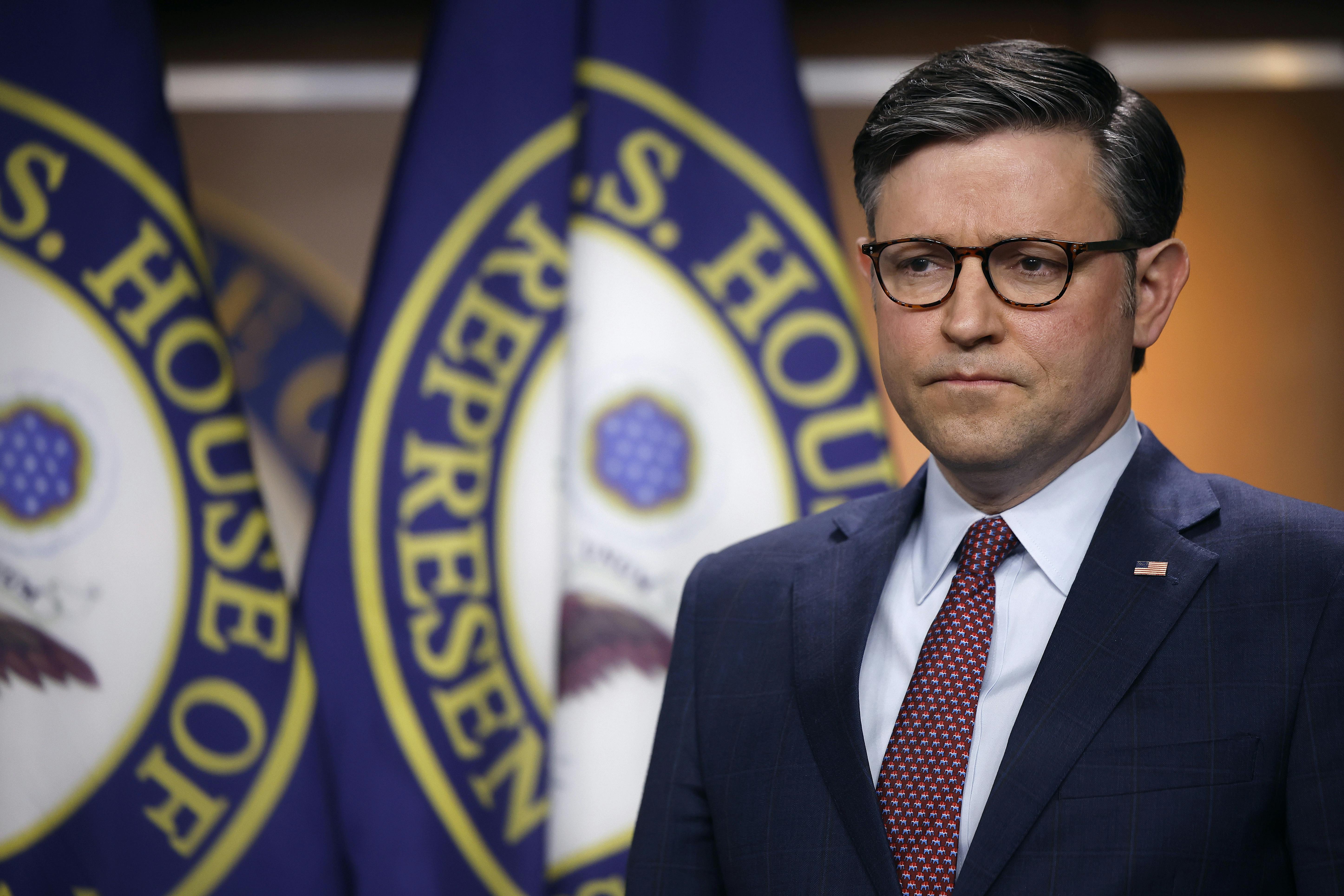 Speaker of the House Mike Johnson holds a news conference on Capitol Hill.