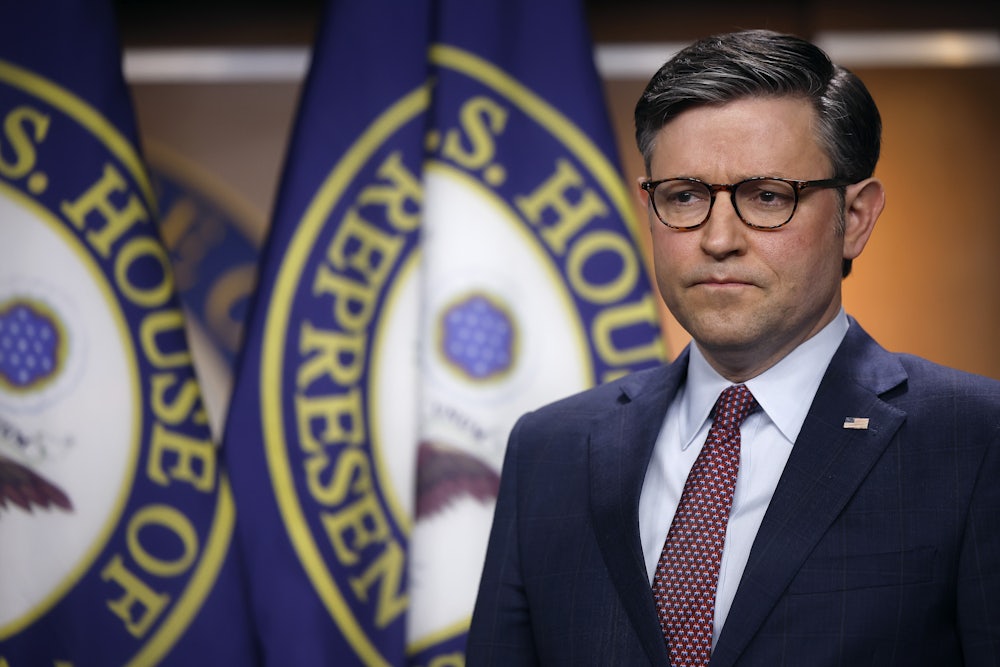 Speaker of the House Mike Johnson holds a news conference on Capitol Hill.