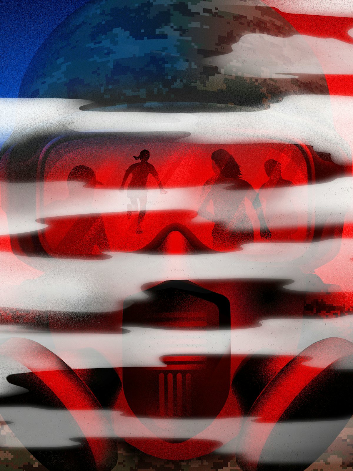 Innocent Americans are shown fleeing in the reflection of the gas mask of one of the administration's soldiers