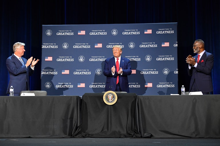 Pastor Robert Morris, Donald Trump, and Bishop Harry Jackson applaud