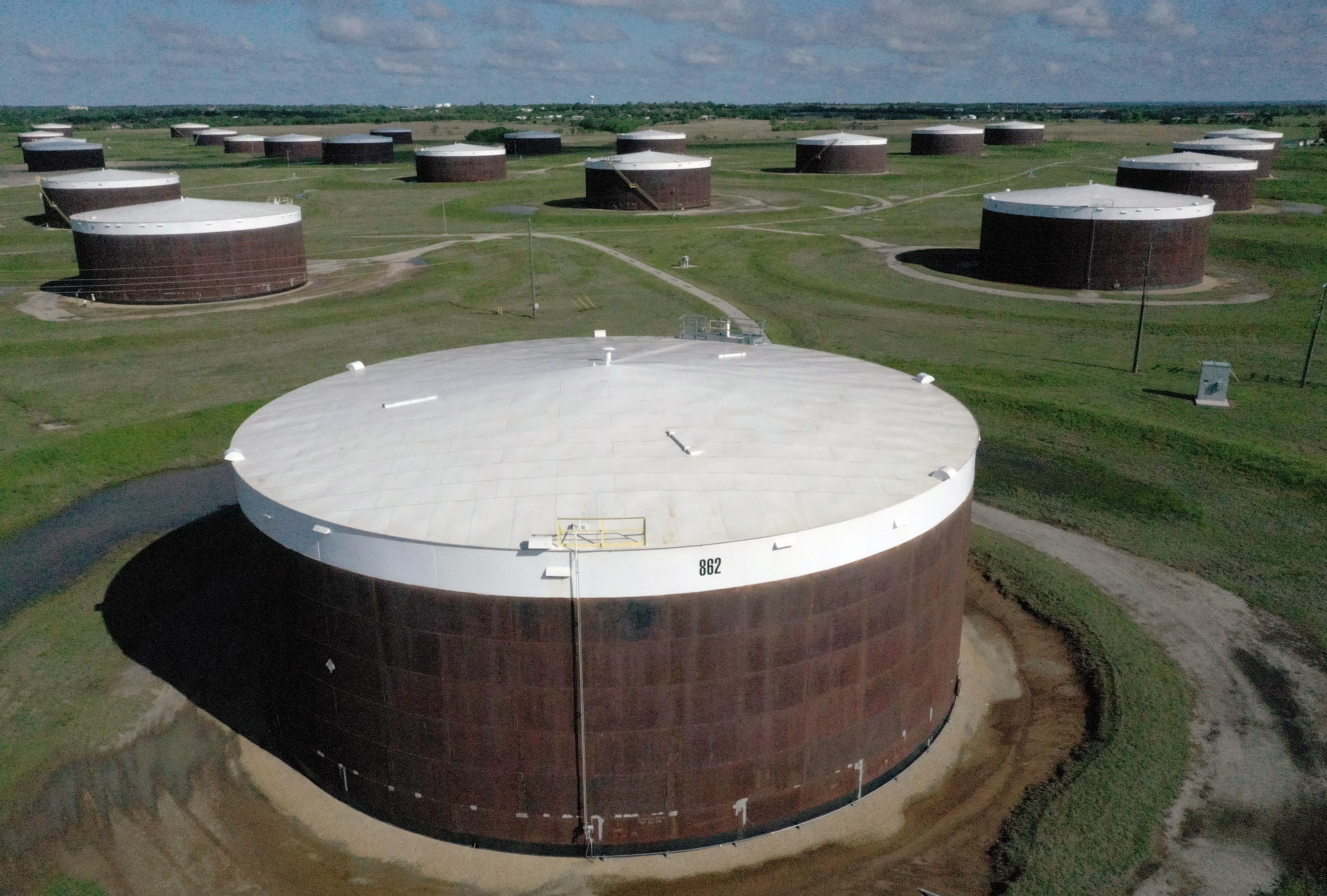 An aerial view of an oil storage facility near Cushing, Oklahoma